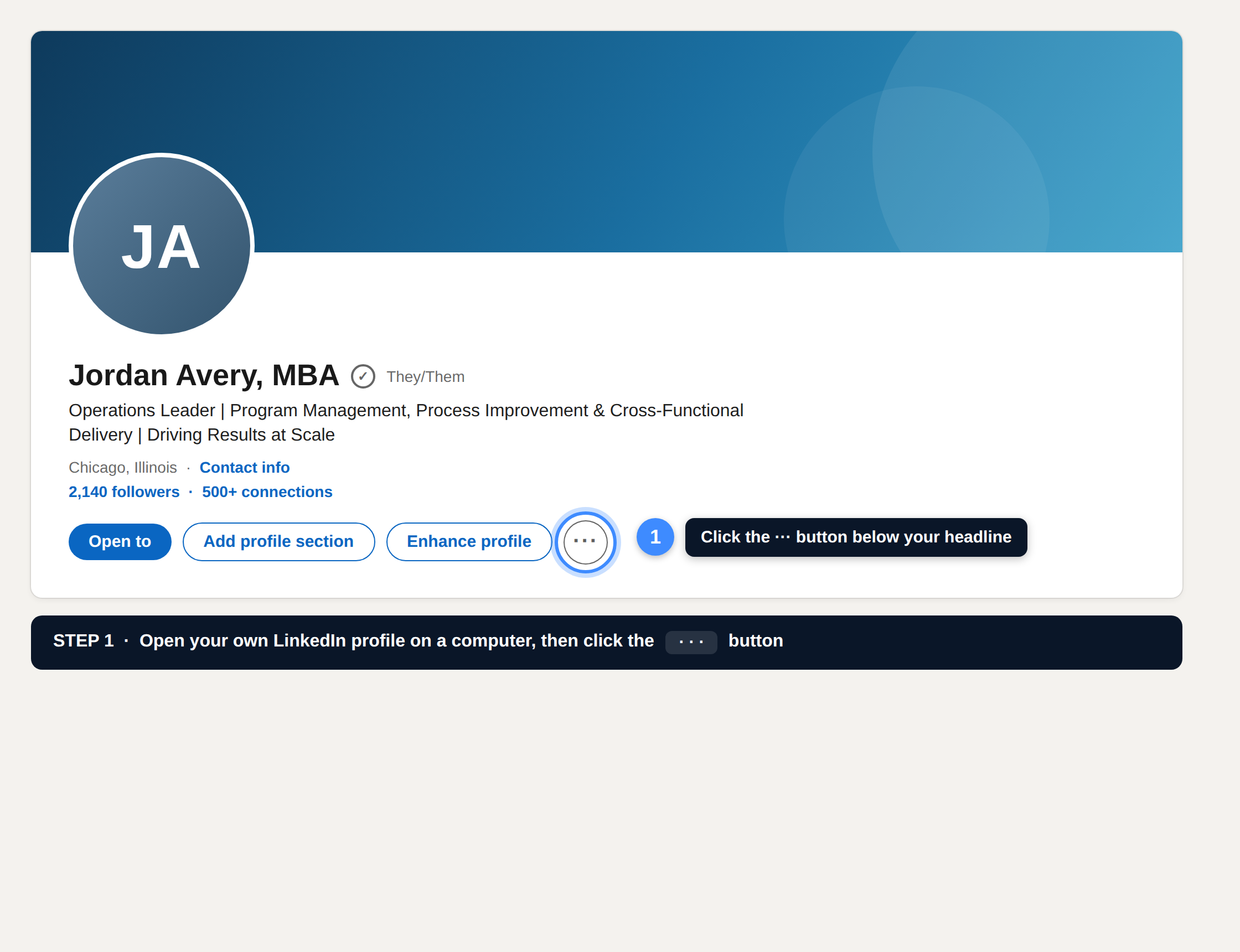 LinkedIn profile with the three-dot More button highlighted below the headline