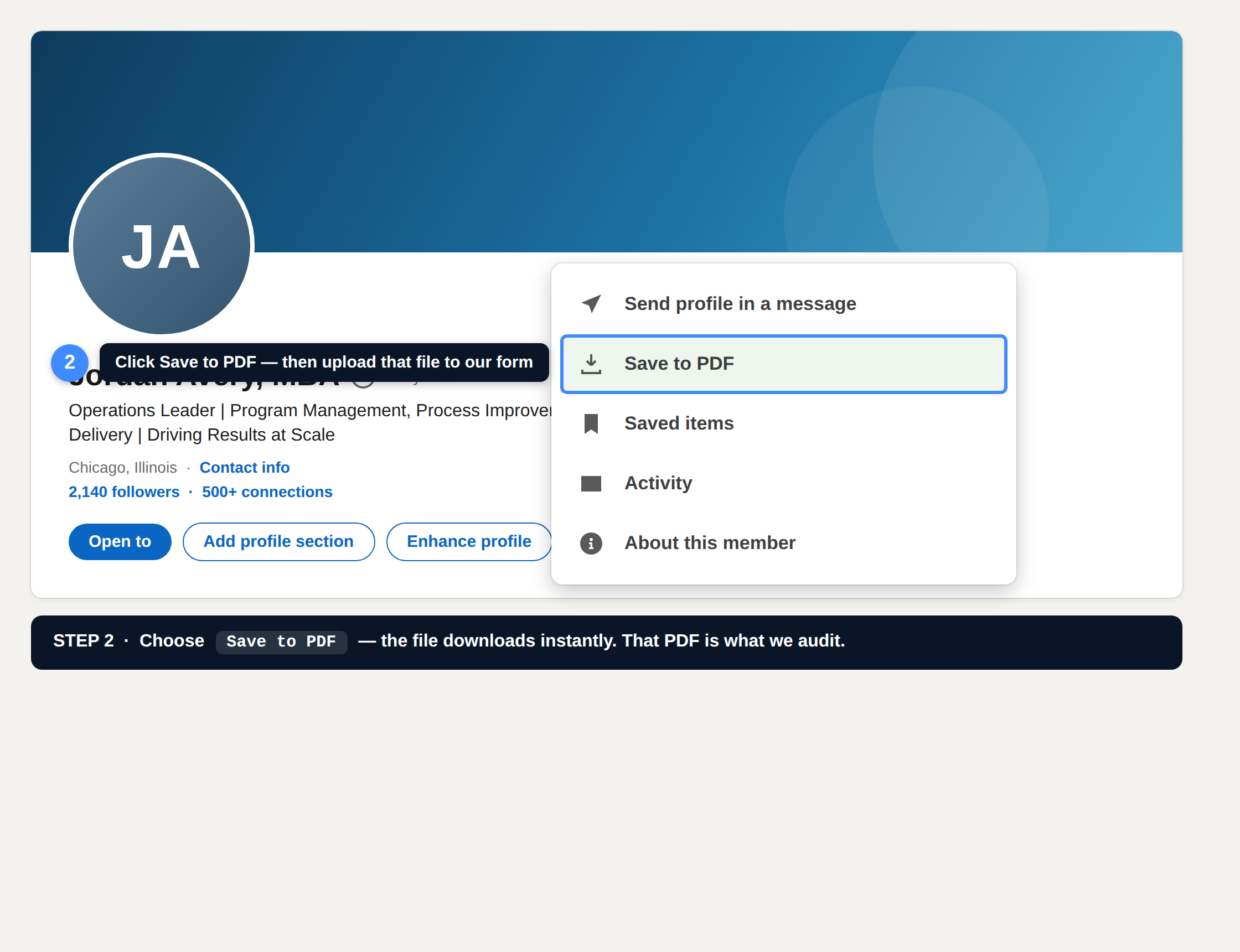 LinkedIn menu open with the Save to PDF option highlighted
